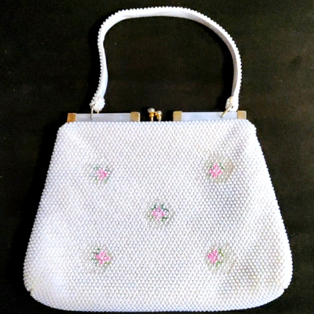 Vintage beaded bag made in Hong Kong. Gold accents with pink & green flowers